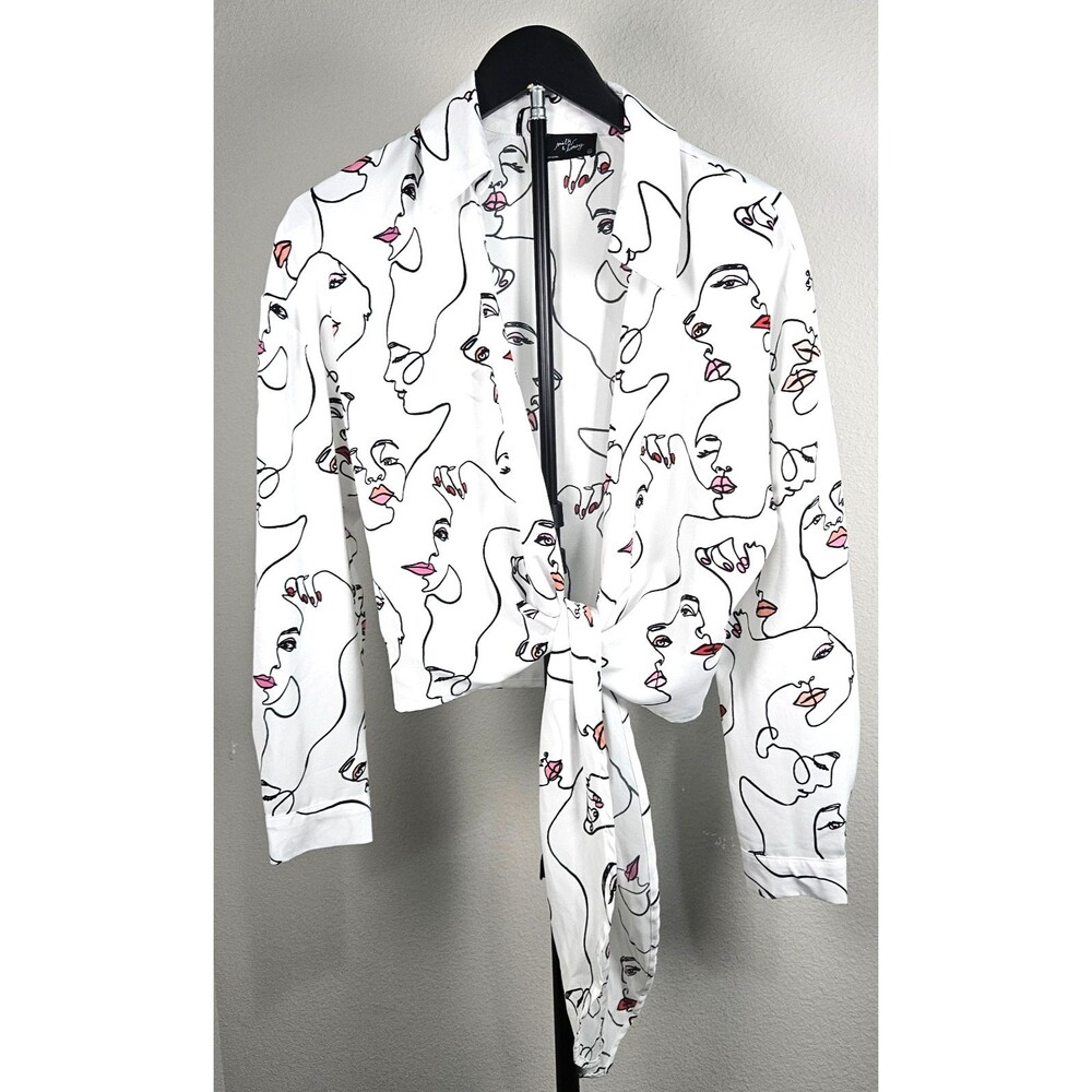Milk &‎ Honey XL White Face Print Tie Front Crop Blouse Long Sleeve Shirt
